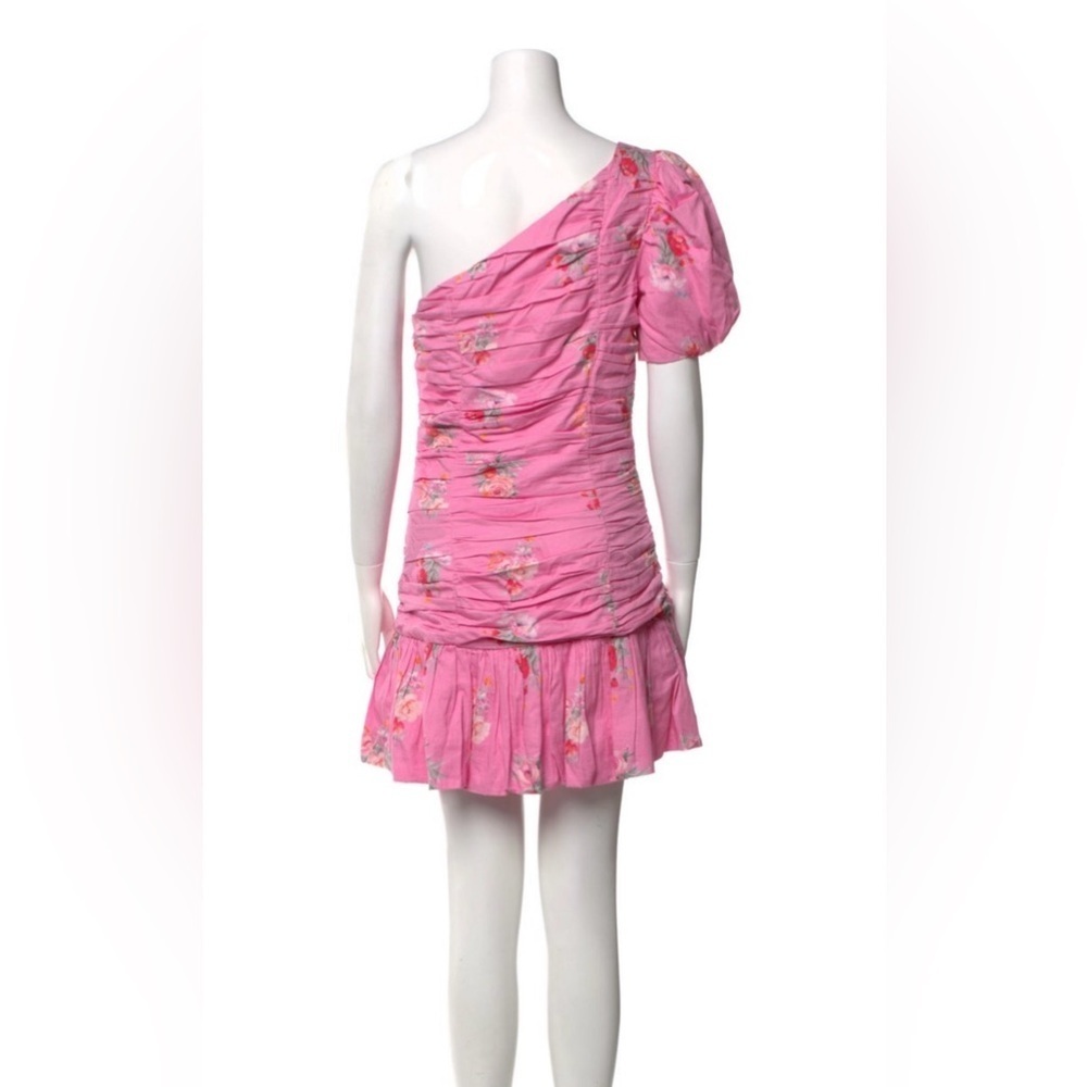 LoveShackFancy Pink Floral One Shoulder Ruched Mini Dress SZ 4 Puff Sleeve - Picture 5 of 8